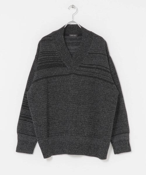EKAL（エカル）の「Vネックバルキーボーダーニット（ニット/セーター・レディース・ブラック/グレー/オフホワイト・ONE）」の13枚目の写真