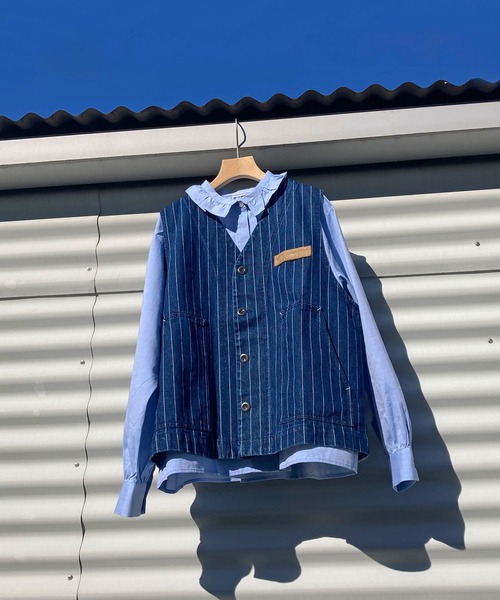 PAR ICI(パーリッシィ)の「13ozデニム/ヒッコリー ワークベスト(ベスト・レディース・ストライプ/ネイビー・FREE)」の1枚目の写真