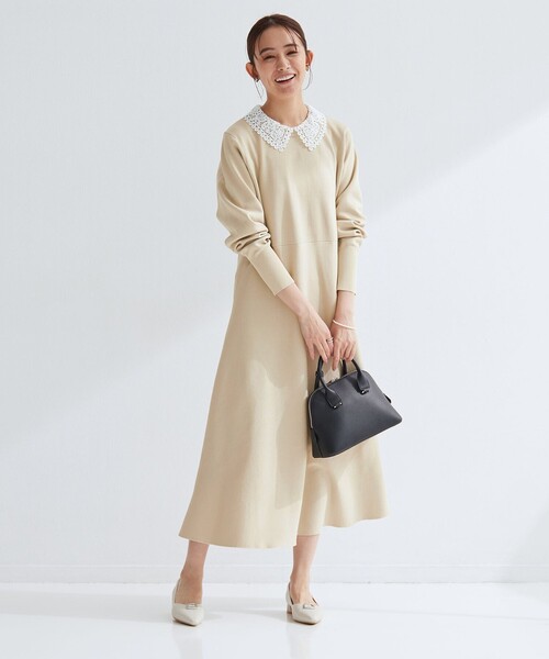 green label relaxing（グリーンレーベルリラクシング）の「エリレース 2WAY ニット ワンピース ウォッシャブル（ワンピース・レディース・ネイビー/ベージュ/グレー・FREE）」の7枚目の写真