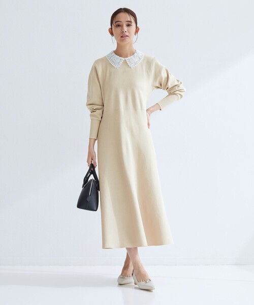 green label relaxing（グリーンレーベルリラクシング）の「エリレース 2WAY ニット ワンピース ウォッシャブル（ワンピース・レディース・ネイビー/ベージュ/グレー・FREE）」の4枚目の写真