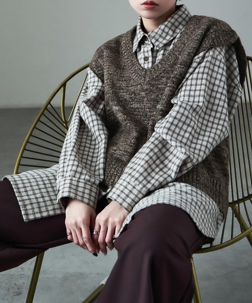 Fashion Letter（ファッションレター）の「ミックスニット オーバーサイズ ベスト（ベスト・レディース・ブラウン/ネイビー/ボルドー・M）」の2枚目の写真