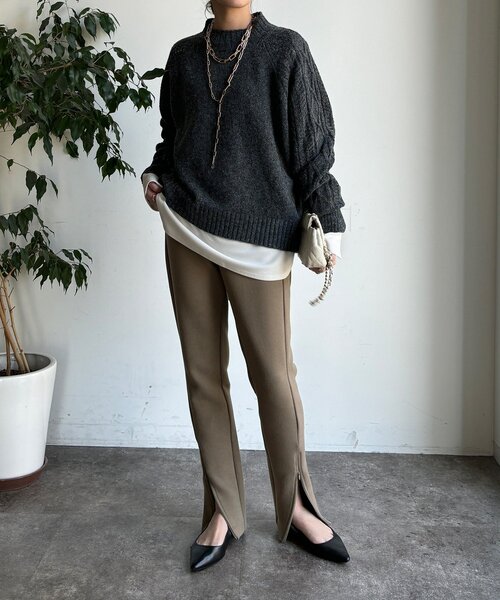 DouDou（ドゥドゥ）の「【WEB限定】透かしケーブル切替ラグランプルオーバー（ニット/セーター・レディース・グレー/チャコールグレー/モスグリーン・FREE）」の22枚目の写真