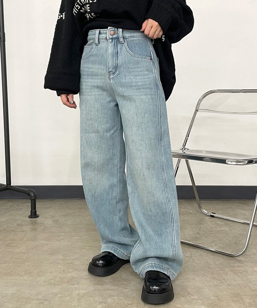 CRB(シーアールビー)の「裏起毛デニムワイドパンツ(デニムパンツ・レディース・ブルー/サックスブルー・S/M/L)」の1枚目の写真