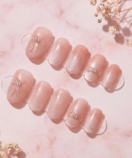 KONVINI（コンビニ）の「【not a nail】水光マグネットデザインガーリーリボンネイルチップ（ネイルシール/ネイルチップ・レディース・ライトピンク/ピンク・MEDIUM）」の8枚目の写真