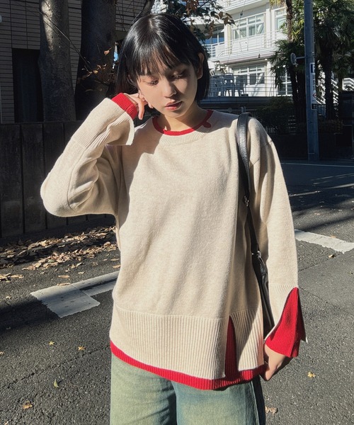 AS KNOW AS plus（アズノゥアズプラス）の「♪リブ重ねて配色レイヤードニットプルオーバー（ニット/セーター・レディース・グレー系/グリーン系/ベージュ系/ホワイト×ネイビー・FREE）」の8枚目の写真