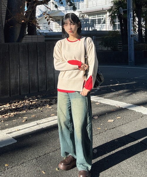 AS KNOW AS plus（アズノゥアズプラス）の「♪リブ重ねて配色レイヤードニットプルオーバー（ニット/セーター・レディース・グレー系/グリーン系/ベージュ系/ホワイト×ネイビー・FREE）」の13枚目の写真