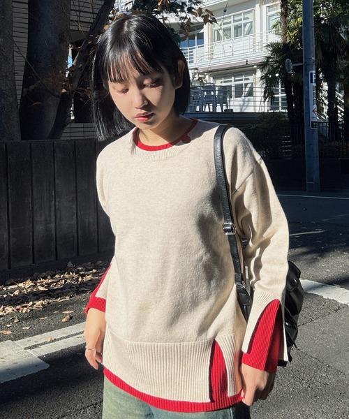 AS KNOW AS plus（アズノゥアズプラス）の「♪リブ重ねて配色レイヤードニットプルオーバー（ニット/セーター・レディース・グレー系/グリーン系/ベージュ系/ホワイト×ネイビー・FREE）」の9枚目の写真