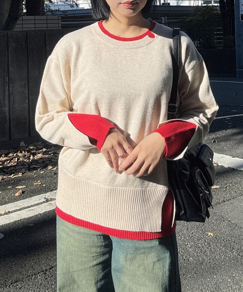 AS KNOW AS plus（アズノゥアズプラス）の「♪リブ重ねて配色レイヤードニットプルオーバー（ニット/セーター・レディース・グレー系/グリーン系/ベージュ系/ホワイト×ネイビー・FREE）」の11枚目の写真