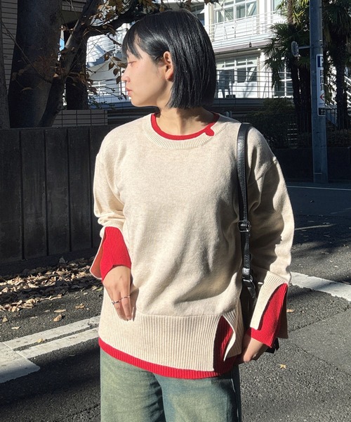 AS KNOW AS plus（アズノゥアズプラス）の「♪リブ重ねて配色レイヤードニットプルオーバー（ニット/セーター・レディース・グレー系/グリーン系/ベージュ系/ホワイト×ネイビー・FREE）」の10枚目の写真