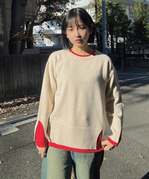 AS KNOW AS plus（アズノゥアズプラス）の「♪リブ重ねて配色レイヤードニットプルオーバー（ニット/セーター・レディース・グレー系/グリーン系/ベージュ系/ホワイト×ネイビー・FREE）」の7枚目の写真