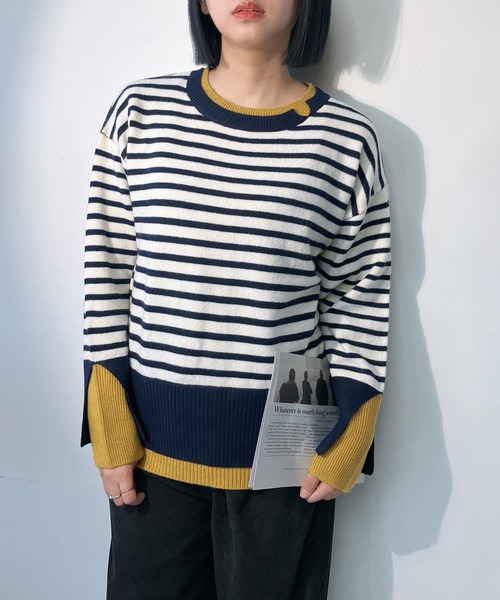 AS KNOW AS plus（アズノゥアズプラス）の「♪リブ重ねて配色レイヤードニットプルオーバー（ニット/セーター・レディース・グレー系/グリーン系/ベージュ系/ホワイト×ネイビー・FREE）」の16枚目の写真