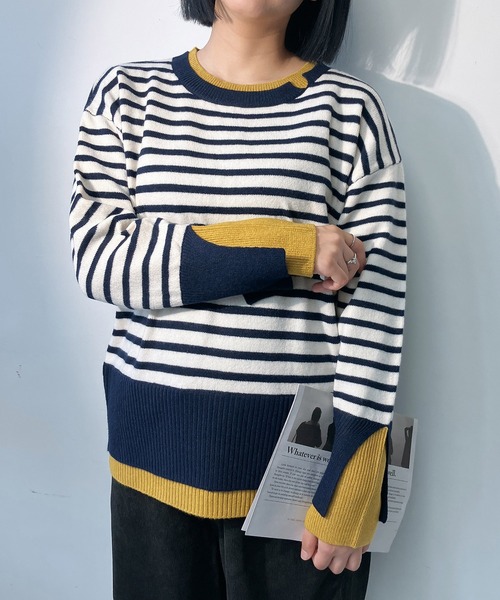 AS KNOW AS plus（アズノゥアズプラス）の「♪リブ重ねて配色レイヤードニットプルオーバー（ニット/セーター・レディース・グレー系/グリーン系/ベージュ系/ホワイト×ネイビー・FREE）」の17枚目の写真