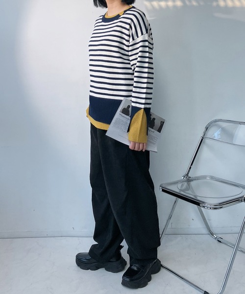 AS KNOW AS plus（アズノゥアズプラス）の「♪リブ重ねて配色レイヤードニットプルオーバー（ニット/セーター・レディース・グレー系/グリーン系/ベージュ系/ホワイト×ネイビー・FREE）」の20枚目の写真