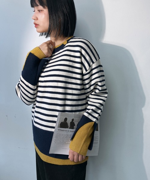 AS KNOW AS plus（アズノゥアズプラス）の「♪リブ重ねて配色レイヤードニットプルオーバー（ニット/セーター・レディース・グレー系/グリーン系/ベージュ系/ホワイト×ネイビー・FREE）」の14枚目の写真