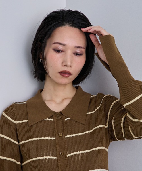 Futier land(フューティアランド)の「ボーダーポロニット(カーディガン/ボレロ・レディース・ピンク/ブラウン/オフホワイト・FREE)」の9枚目の写真