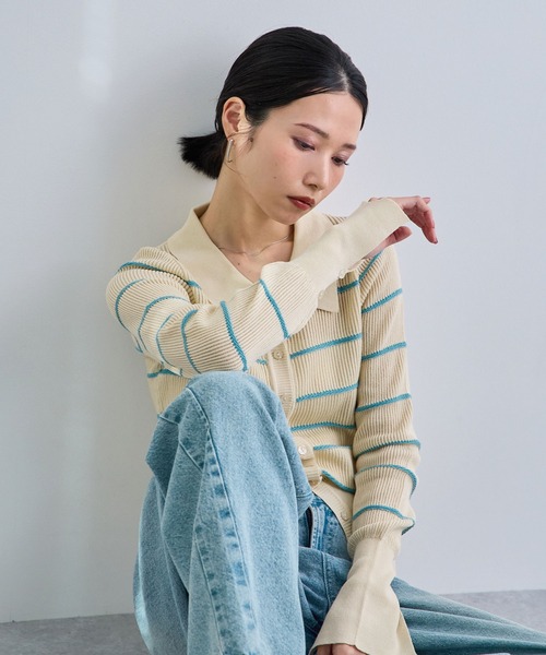 Futier land(フューティアランド)の「ボーダーポロニット(カーディガン/ボレロ・レディース・ピンク/ブラウン/オフホワイト・FREE)」の12枚目の写真