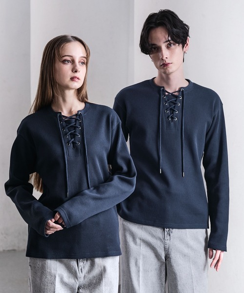 CLEL（クレイル）の「【CLEL】Functionary Thermal Lace-Up T-Shirt / ファンクショナリー サーマルレースアップTシャツ(ロンT)（Tシャツ/カットソー・メンズ・ワイン/グレイッシュベージュ/杢グレー/ネイビー/ブラック・S/M/L/XS）」の4枚目の写真