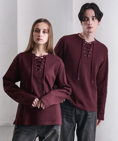 CLEL（クレイル）の「【CLEL】Functionary Thermal Lace-Up T-Shirt / ファンクショナリー サーマルレースアップTシャツ(ロンT)（Tシャツ/カットソー・メンズ・ワイン/グレイッシュベージュ/杢グレー/ネイビー/ブラック・S/M/L/XS）」の5枚目の写真