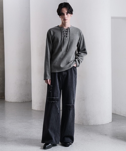 CLEL ファンクショナリー サーマルレースアップTシャツ(ロンT) 杢 