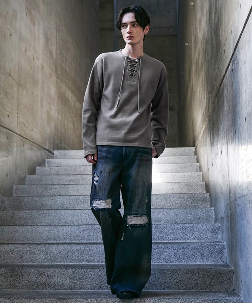 CLEL ファンクショナリー サーマルレースアップTシャツ(ロンT) 杢