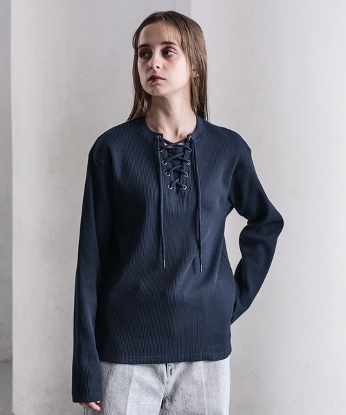 CLEL（クレイル）の「【CLEL】Functionary Thermal Lace-Up T-Shirt / ファンクショナリー サーマルレースアップTシャツ(ロンT)（Tシャツ/カットソー・メンズ・ワイン/グレイッシュベージュ/杢グレー/ネイビー/ブラック・S/M/L/XS）」の6枚目の写真