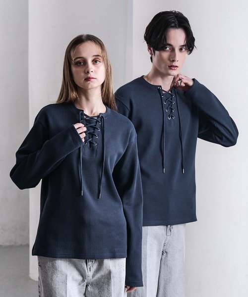 CLEL（クレイル）の「【CLEL】Functionary Thermal Lace-Up T-Shirt / ファンクショナリー サーマルレースアップTシャツ(ロンT)（Tシャツ/カットソー・メンズ・ワイン/グレイッシュベージュ/杢グレー/ネイビー/ブラック・S/M/L/XS）」の9枚目の写真