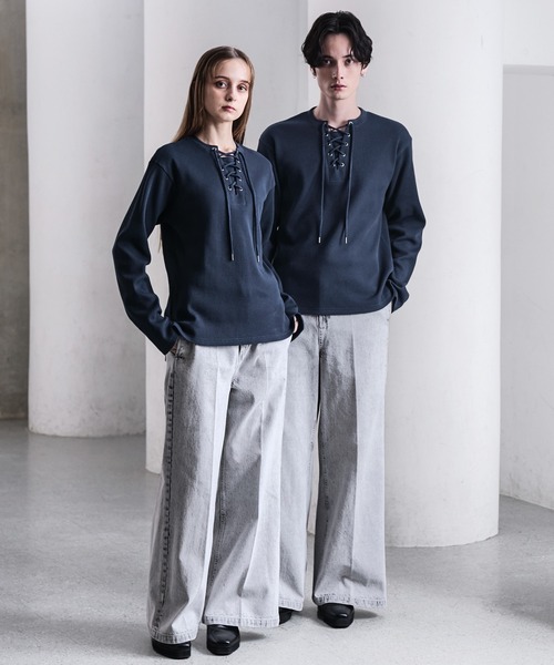 CLEL（クレイル）の「【CLEL】Functionary Thermal Lace-Up T-Shirt / ファンクショナリー サーマルレースアップTシャツ(ロンT)（Tシャツ/カットソー・メンズ・ワイン/グレイッシュベージュ/杢グレー/ネイビー/ブラック・S/M/L/XS）」の11枚目の写真