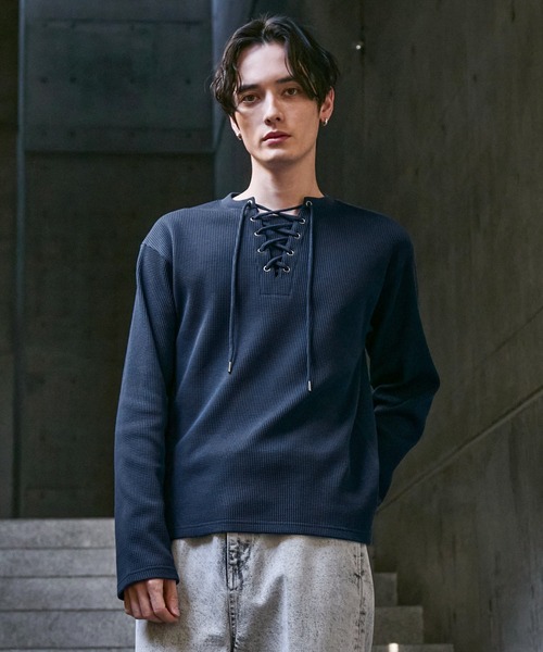 CLEL（クレイル）の「【CLEL】Functionary Thermal Lace-Up T-Shirt / ファンクショナリー サーマルレースアップTシャツ(ロンT)（Tシャツ/カットソー・メンズ・ワイン/グレイッシュベージュ/杢グレー/ネイビー/ブラック・S/M/L/XS）」の12枚目の写真