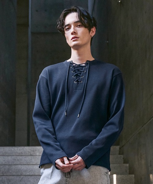 CLEL（クレイル）の「【CLEL】Functionary Thermal Lace-Up T-Shirt / ファンクショナリー サーマルレースアップTシャツ(ロンT)（Tシャツ/カットソー・メンズ・ワイン/グレイッシュベージュ/杢グレー/ネイビー/ブラック・S/M/L/XS）」の15枚目の写真