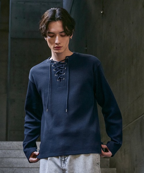 CLEL（クレイル）の「【CLEL】Functionary Thermal Lace-Up T-Shirt / ファンクショナリー サーマルレースアップTシャツ(ロンT)（Tシャツ/カットソー・メンズ・ワイン/グレイッシュベージュ/杢グレー/ネイビー/ブラック・S/M/L/XS）」の16枚目の写真