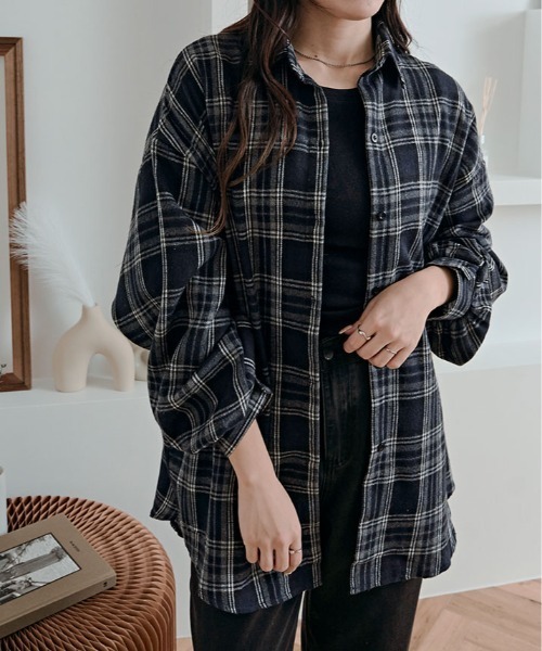 kirakiraShop(キラキラショップ)の「チェック柄 ルーズフィット シャツ(シャツ/ブラウス・レディース・ベージュ/ネイビー/ブルー/グリーン・FREE)」の17枚目の写真