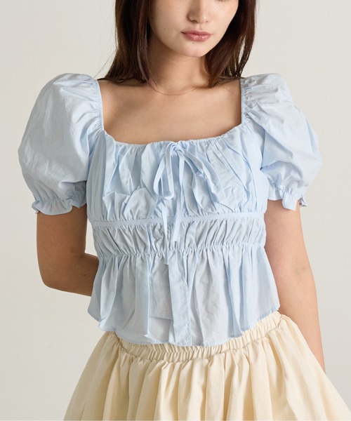 Siel(シエル)の「スクエアネック フリルショートトップス(シャツ/ブラウス・レディース・イエロー/ライトブルー/ピンク/ホワイト・FREE)」の20枚目の写真