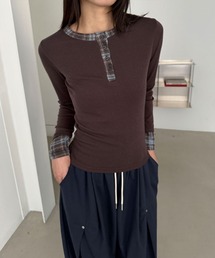 【裏起毛】チェック 配色 長袖 Tシャツ