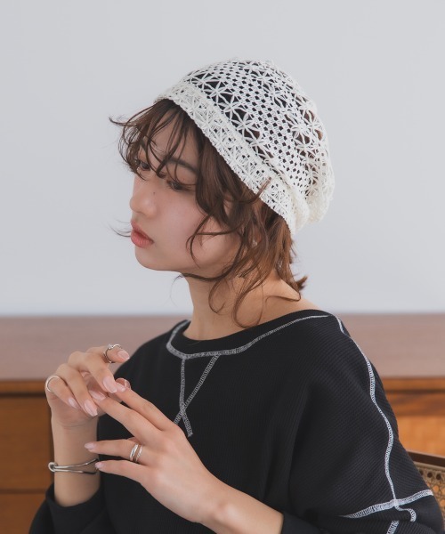 polcadot(ポルカドット)の「レース編み サマービーニー / 透かし編み 軽量 洗える帽子(ニットキャップ/ビーニー・レディース・アイボリー/ブラック/ブラウン・FREE)」の4枚目の写真