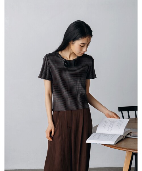 CITEN(シテン)の「<CITEN>ボーダーチビT(Tシャツ/カットソー・レディース・ダークブラウン/ライム・FREE)」の2枚目の写真