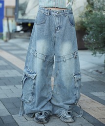 クラッシュ加工ワイドカーブデニムパンツ ダメージ加工（デニムパンツ