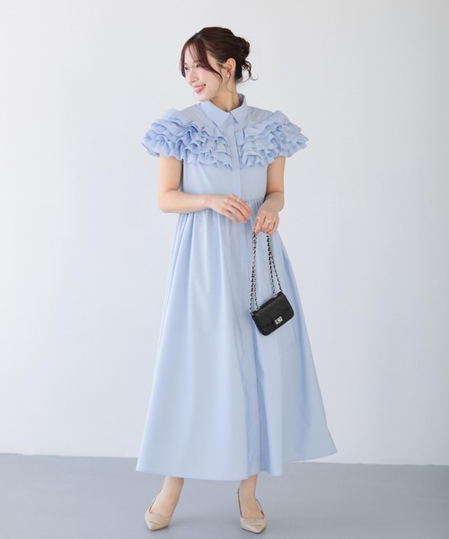 Fit more（フィットモア）の「ダリアフリルロングシャツワンピース（シャツワンピース・レディース・ホワイト/ネイビー/ブルー・LONG/SHORT）」の4枚目の写真