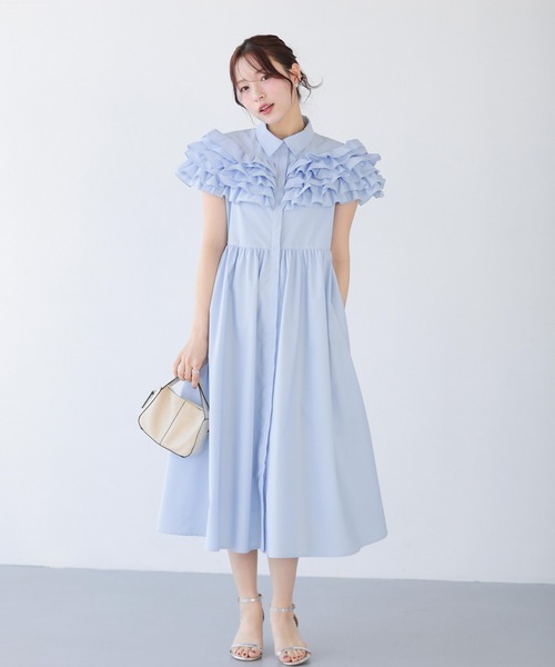 Fit more（フィットモア）の「ダリアフリルロングシャツワンピース（シャツワンピース・レディース・ホワイト/ネイビー/ブルー・LONG/SHORT）」の7枚目の写真