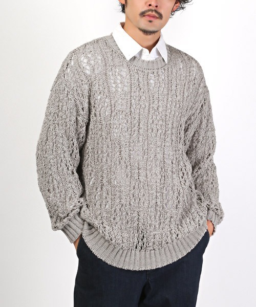 LUXSTYLE(ラグスタイル)の「テープヤーンレース編みニット(ニット/セーター・メンズ・グレー/ブラック・L/M)」の1枚目の写真