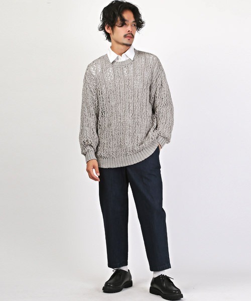 LUXSTYLE(ラグスタイル)の「テープヤーンレース編みニット(ニット/セーター・メンズ・グレー/ブラック・L/M)」の6枚目の写真