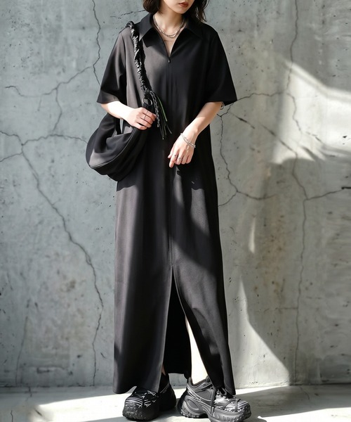 antiqua(アンティカ)の「Aライン シャツワンピース(ワンピース・レディース・グレー/ブラック・ONESIZE)」の1枚目の写真