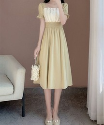 スクエアネックウエストシャーリング半袖パフスリーブワンピース