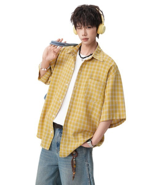 Ressaca(レサーカ)の「オーバーサイズチェック柄半袖シャツ(シャツ/ブラウス・メンズ・ブルー/イエロー・M/XL/L)」の1枚目の写真