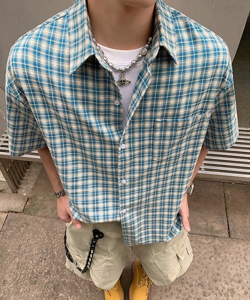 Ressaca(レサーカ)の「オーバーサイズチェック柄半袖シャツ(シャツ/ブラウス・メンズ・ブルー/イエロー・M/XL/L)」の2枚目の写真