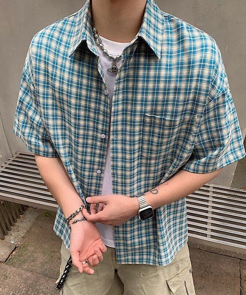 Ressaca(レサーカ)の「オーバーサイズチェック柄半袖シャツ(シャツ/ブラウス・メンズ・ブルー/イエロー・M/XL/L)」の5枚目の写真