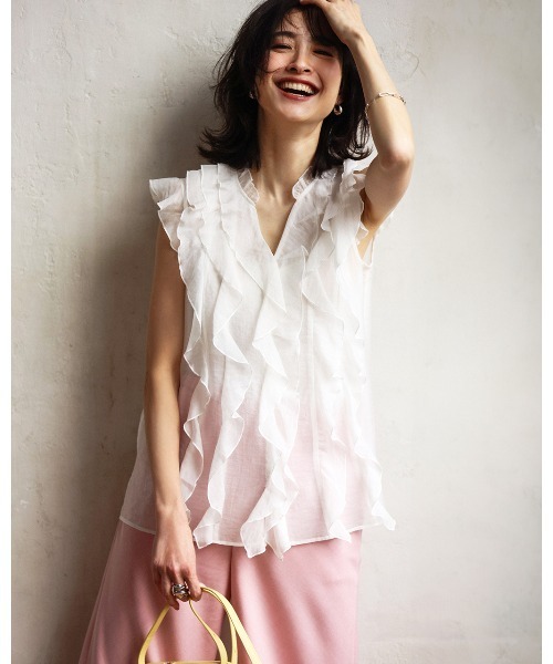 Front frill no‑lace rib blouse — блузка с передней рюшей без шнуровки