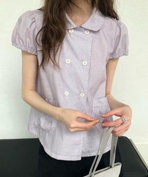 ダブルボタンチェックペプラムブラウス