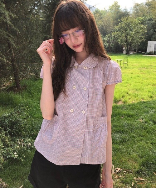 GEMEDA(ジェメダ)の「ダブルボタンチェックペプラムブラウス(シャツ/ブラウス・レディース・ピンク/ネイビー・M)」の7枚目の写真