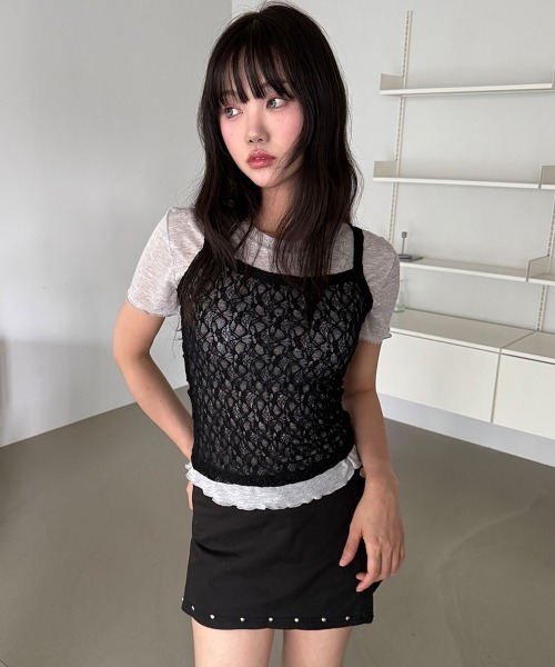 4INT.(フォイント)の「【2ピースSET / 単体 or レイヤード】レース キャミソール 無地 半袖 Tシャツ(Tシャツ/カットソー・レディース・ブラック/グレー/ホワイト・FREE)」の3枚目の写真
