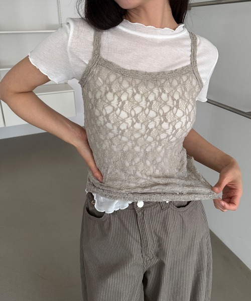 4INT.(フォイント)の「【2ピースSET / 単体 or レイヤード】レース キャミソール 無地 半袖 Tシャツ(Tシャツ/カットソー・レディース・ブラック/グレー/ホワイト・FREE)」の2枚目の写真